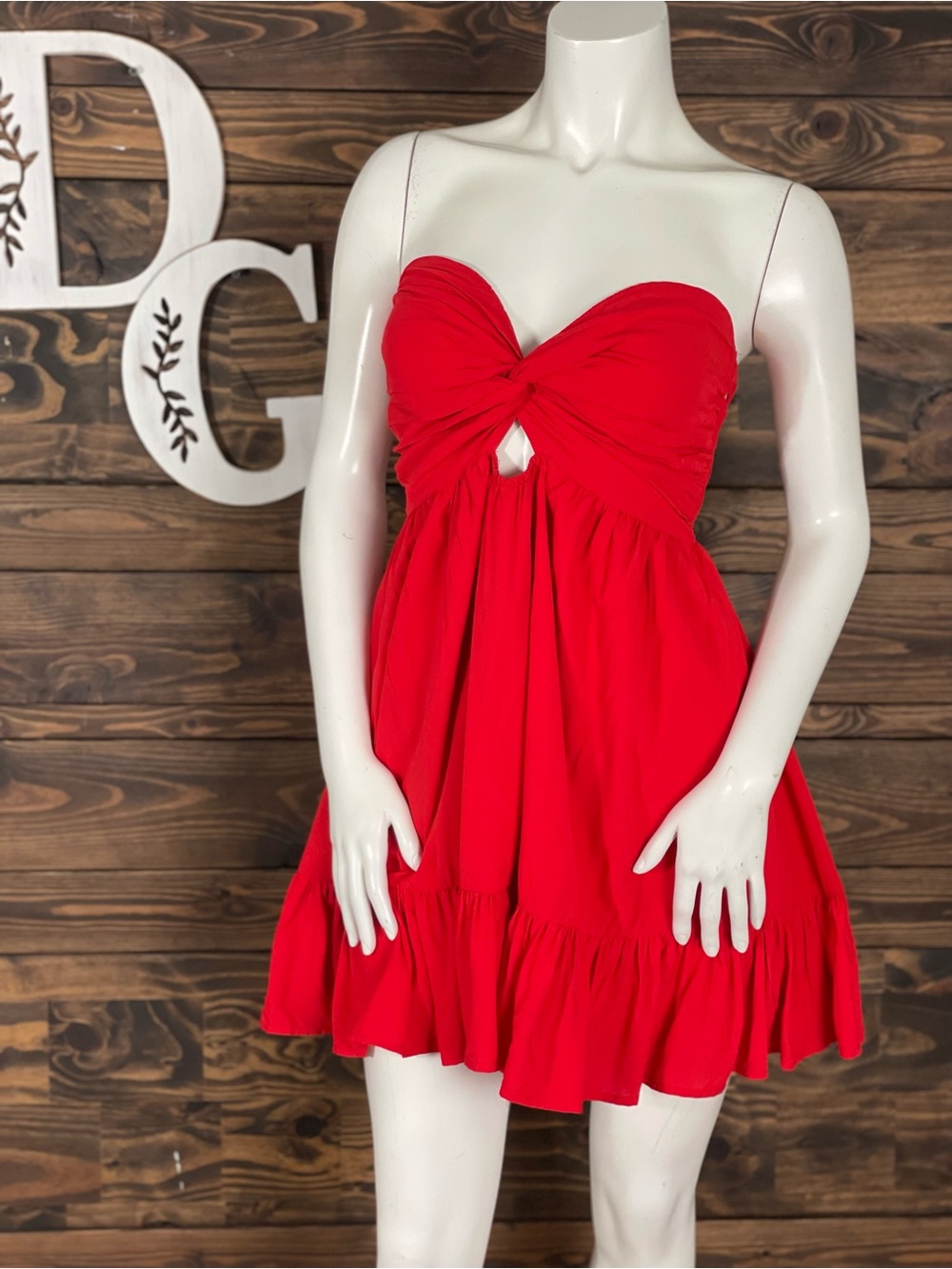 Canton Walker | Sweetheart Red Strapless Twist Knot-Front Mini Dress Ruffle Trim